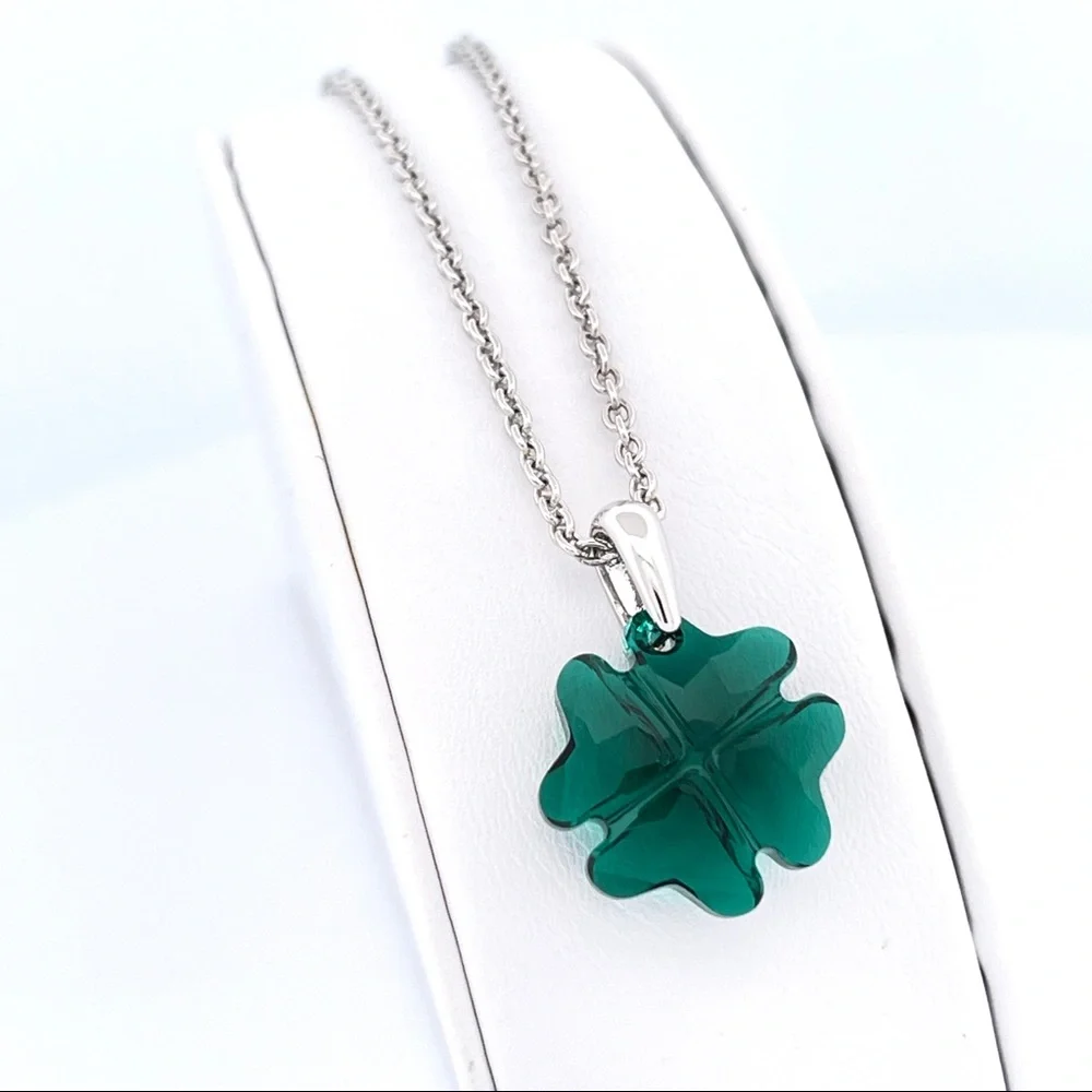 Faceted Crystal Shamrock Necklace Four Leaf Clover Swarovski Crystal